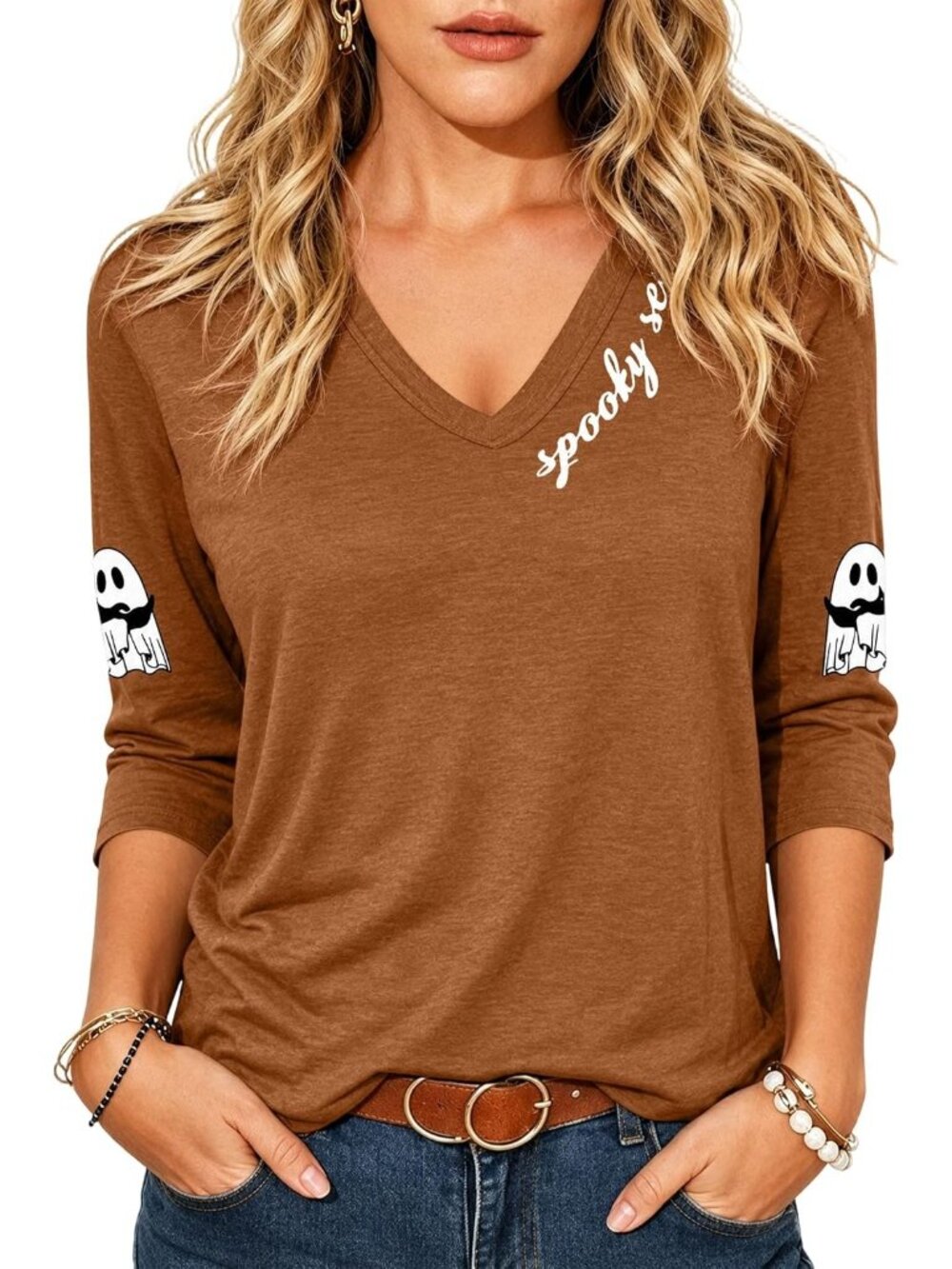 〽️Halloween Shirt Women's Brown V Neck 3/4 Sleeve Tops Spooky Season Graphic Tee